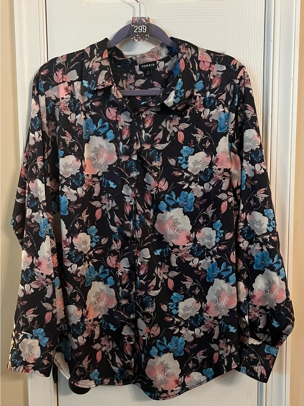 Torrid Floral Button-Up Shirt - Black with Pink & Blue Blooms